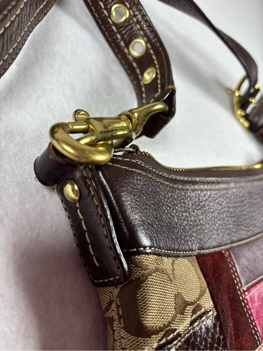 Coach Patchwork Leather & Signature Canvas Hobo Shoulder Bag Brown Multi Y2K